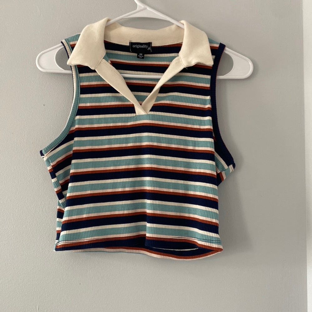 ORIGINALITY MULTICOLORED STRIPED COLLARED CROPPED SHIRT